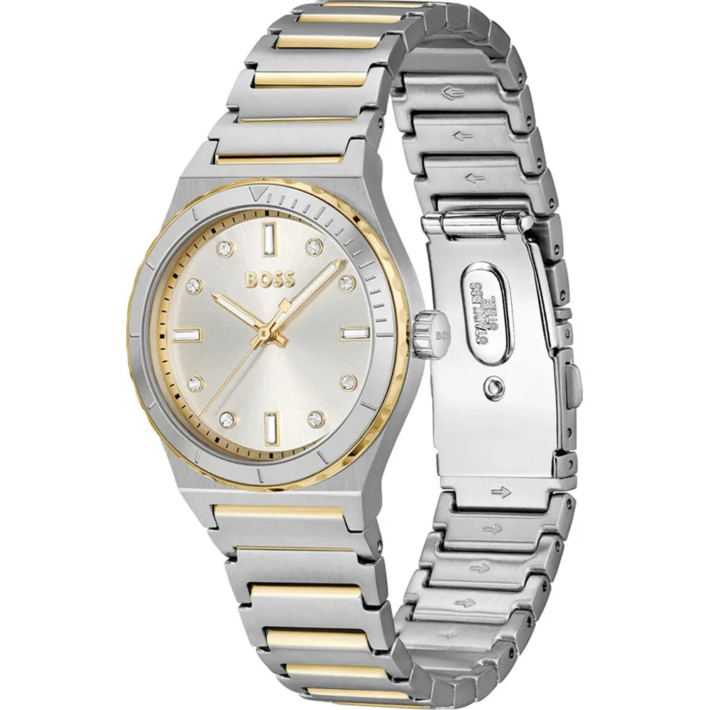Hugo Boss Candor Sport women's watch shown from angle with bracelet detail visible