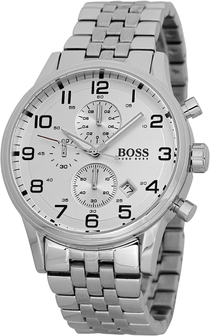 Hugo Boss 1512445 chronograph watch at three-quarter angle showing dial and metal band