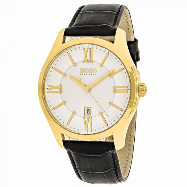 Hugo Boss men's watch with white dial, gold-tone case, Roman numerals, and black leather strap