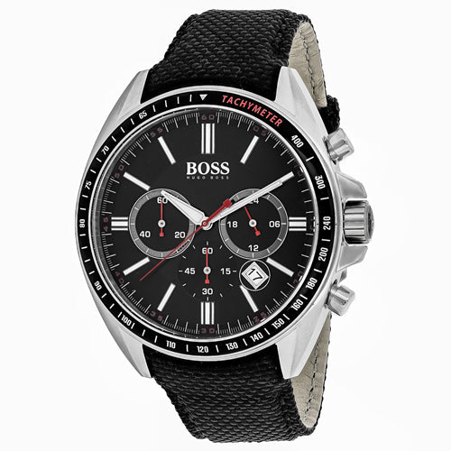 Three-quarter view of Hugo Boss chronograph watch showing tachymeter bezel and subdials
