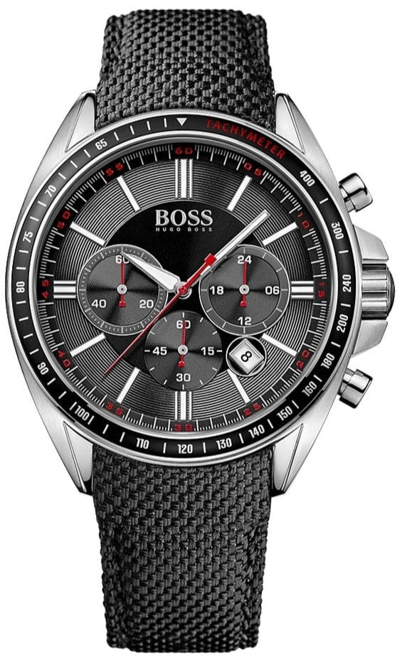 Hugo Boss Driver Sport black dial chronograph watch with silver case and black nylon strap