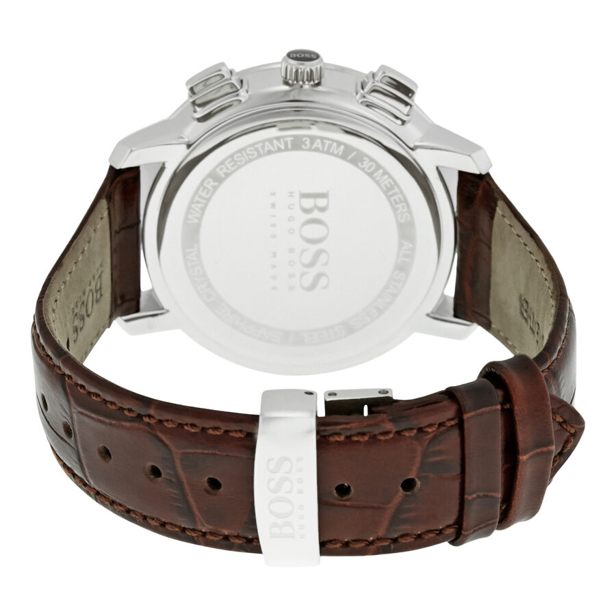 Hugo Boss Slim Chronograph watch caseback showing stainless steel and brown leather band