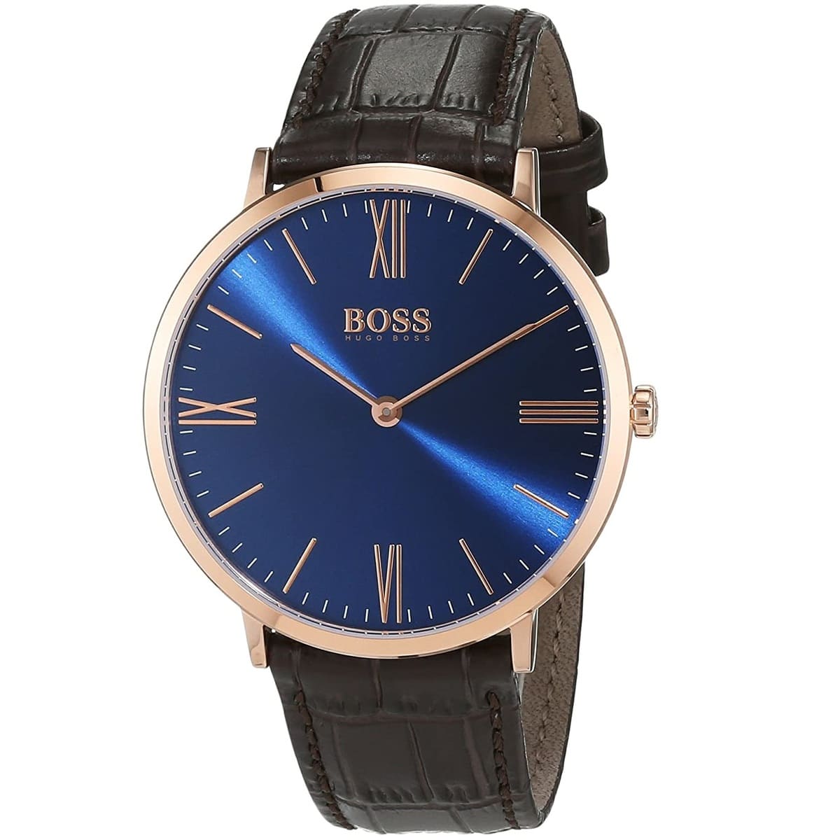 Hugo Boss men's watch showing blue dial at angle with brown croc-embossed leather strap
