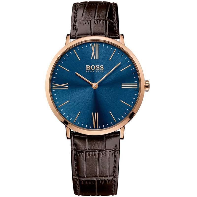 Hugo Boss men's watch with blue dial, rose gold case, and brown leather band