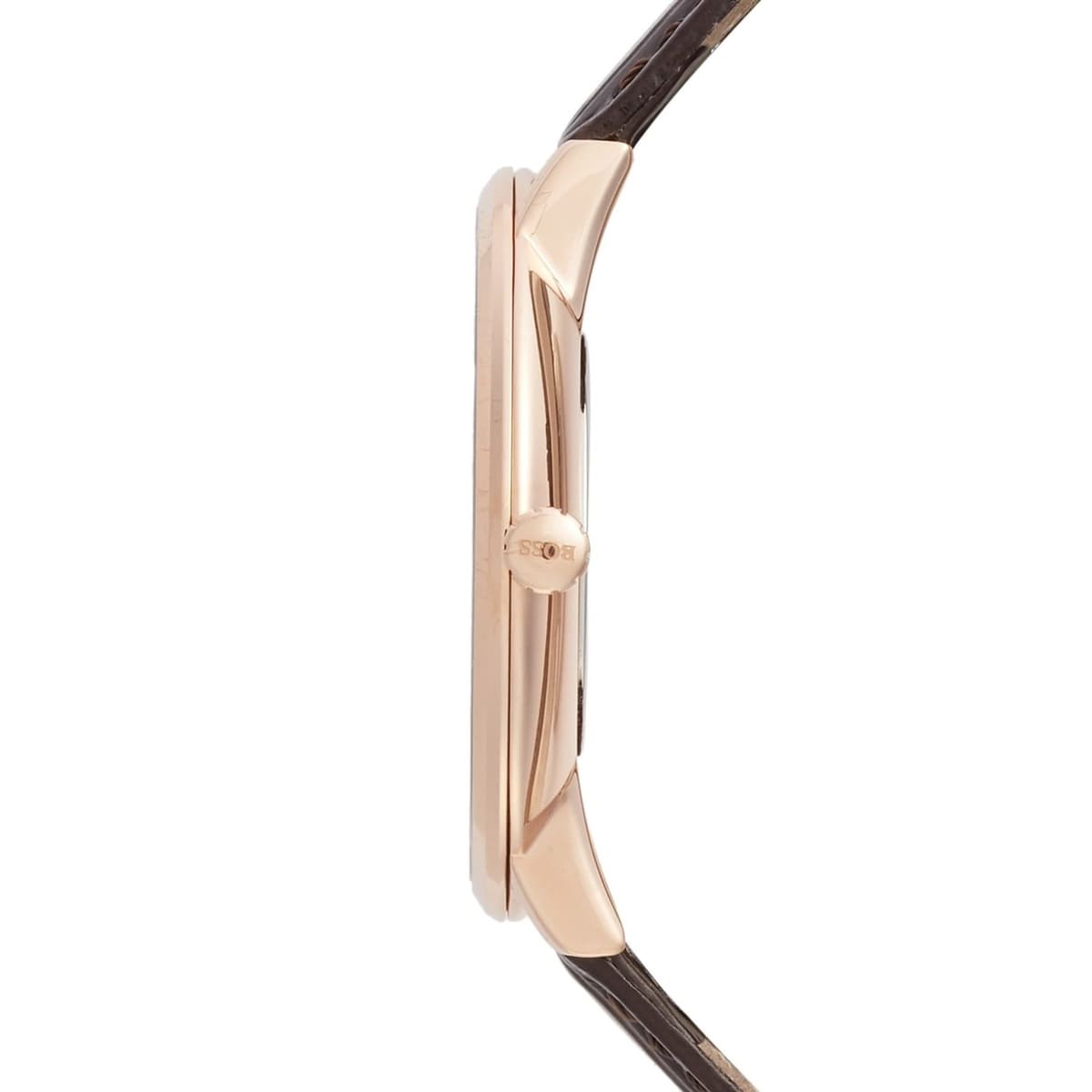 Hugo Boss men's watch side profile showing rose gold case thickness and brown leather band