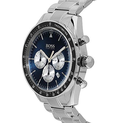 Hugo Boss 1513630 chronograph angled side view with silver steel bracelet