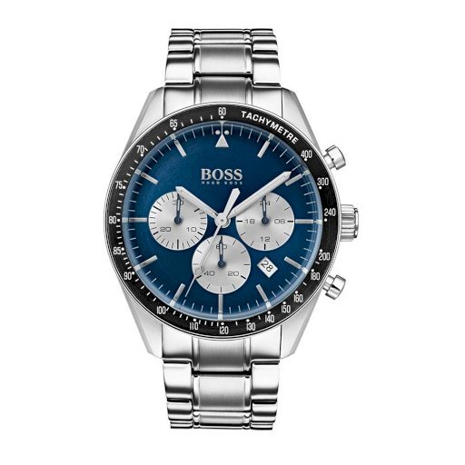 Hugo Boss 1513630 chronograph front view showing blue dial with three subdials