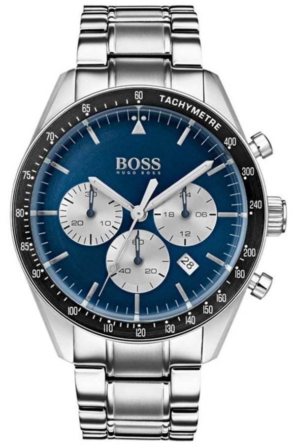 Hugo Boss 1513630 chronograph watch with blue dial and silver steel bracelet
