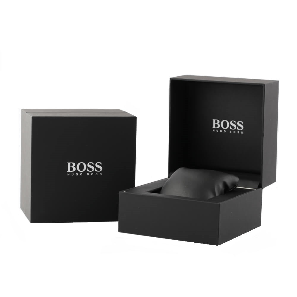 Hugo Boss black watch box packaging with white logo