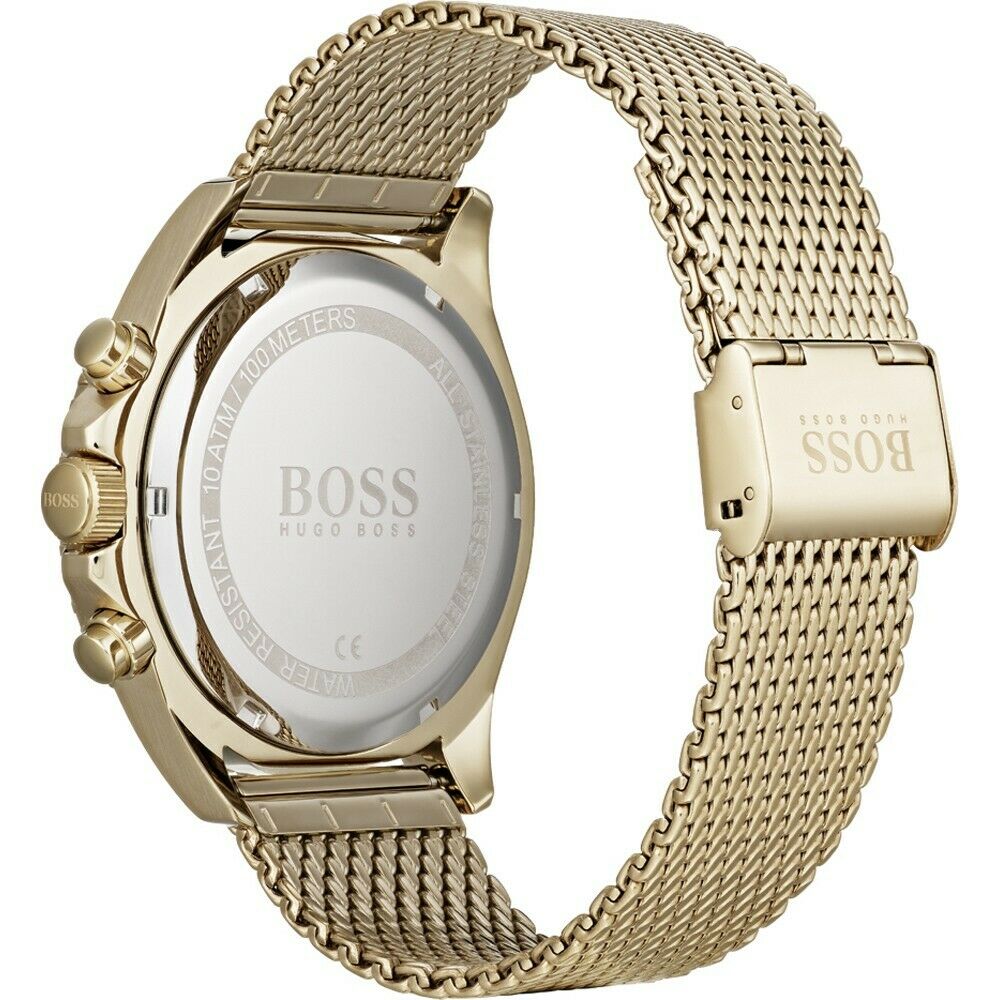 Hugo Boss watch caseback showing stainless steel case and yellow mesh bracelet