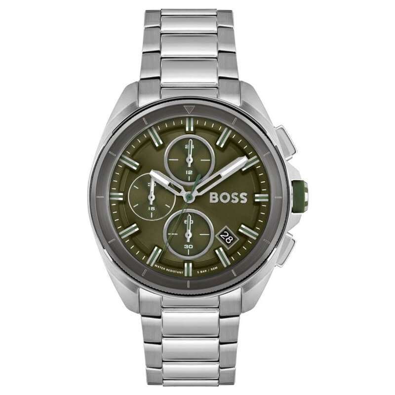 Hugo Boss chronograph men's watch with green dial and stainless steel bracelet