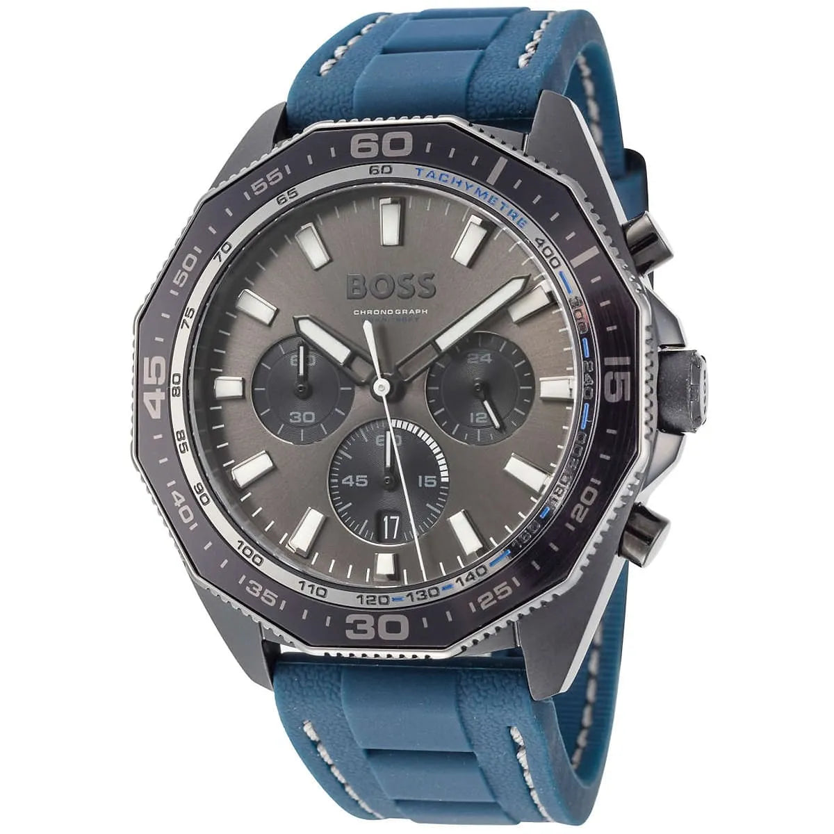 Hugo Boss Chrono watch showing three chronograph subdials and date window at 6 o'clock
