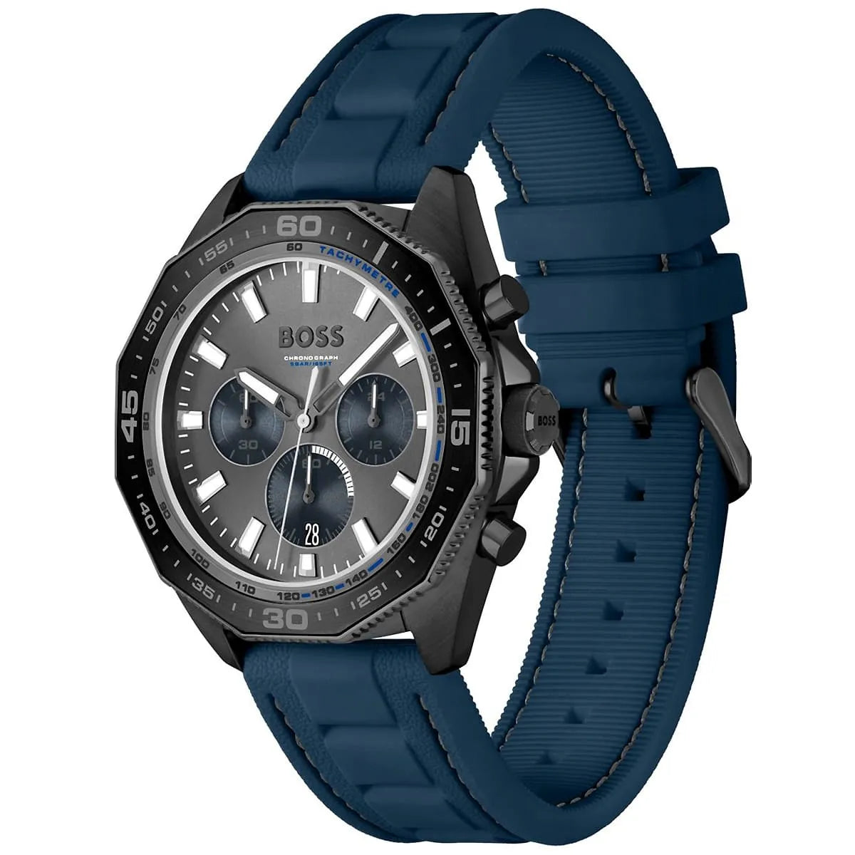 Hugo Boss Chrono watch side view displaying black case and blue rubber strap