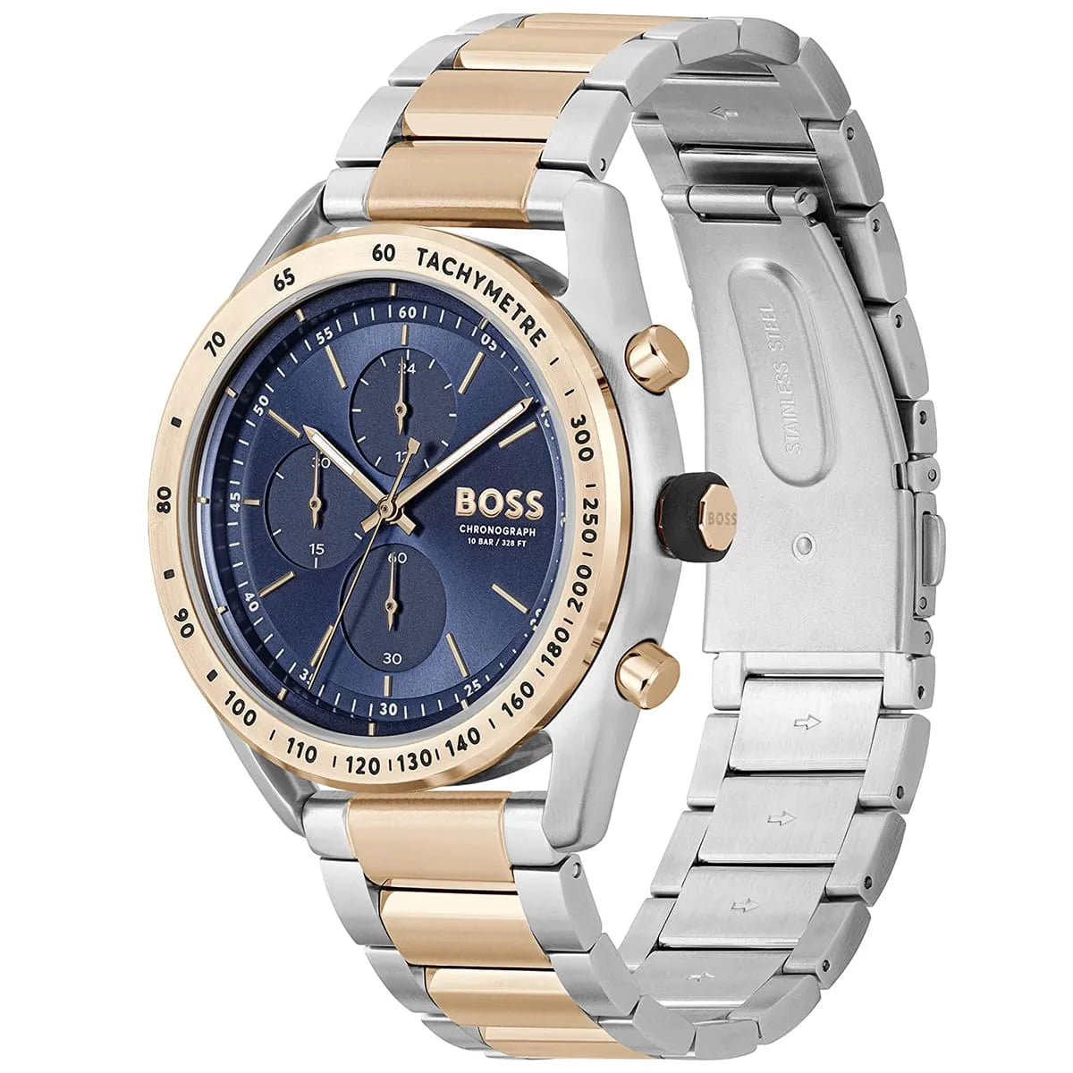 Side and front angle view of Hugo Boss two-tone chronograph with blue dial