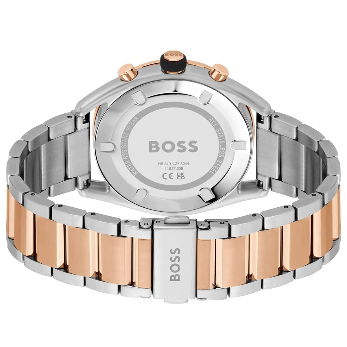 Caseback of Hugo Boss chronograph watch showing stainless steel two-tone strap