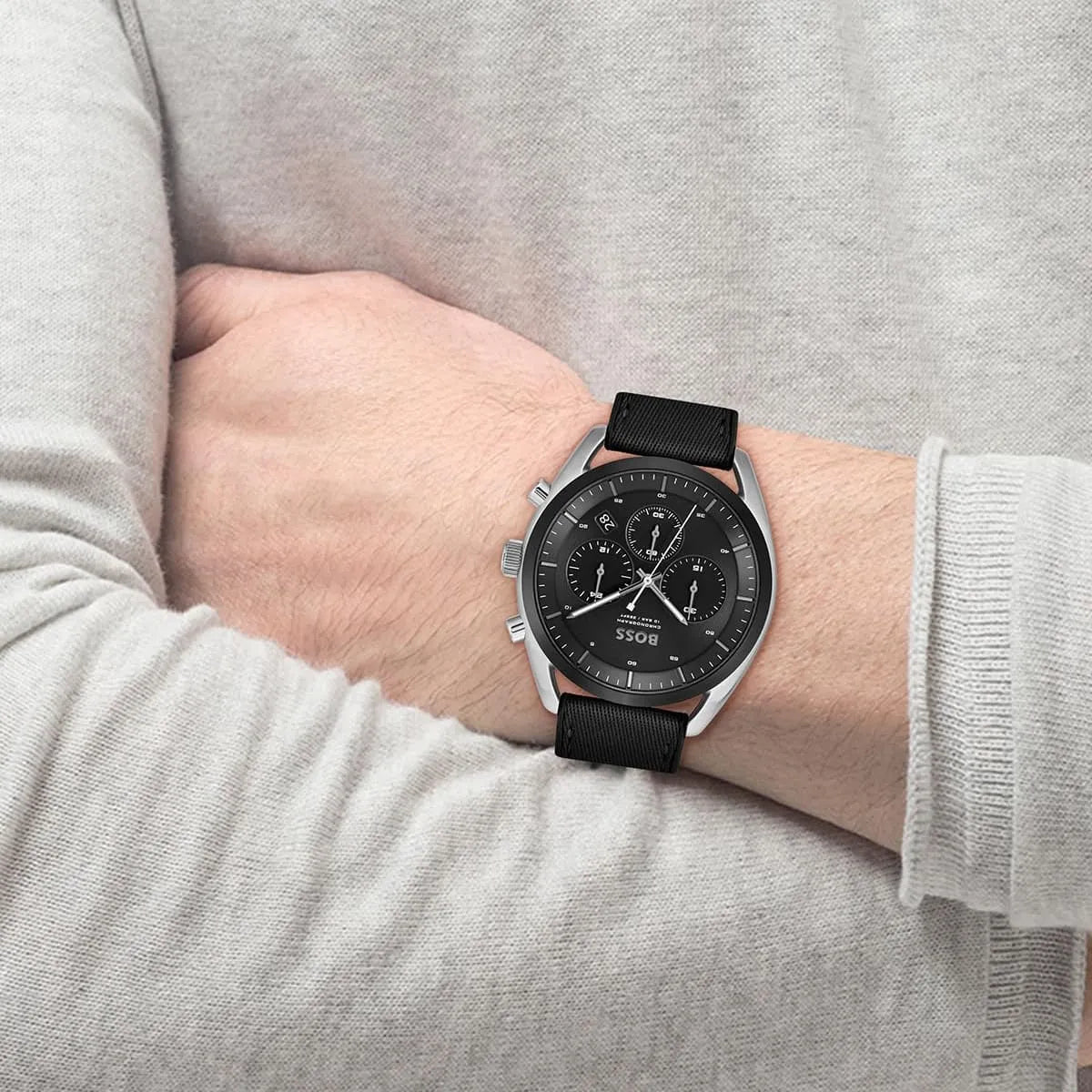 Hugo Boss Sport Lux chronograph watch displayed on wrist in casual setting