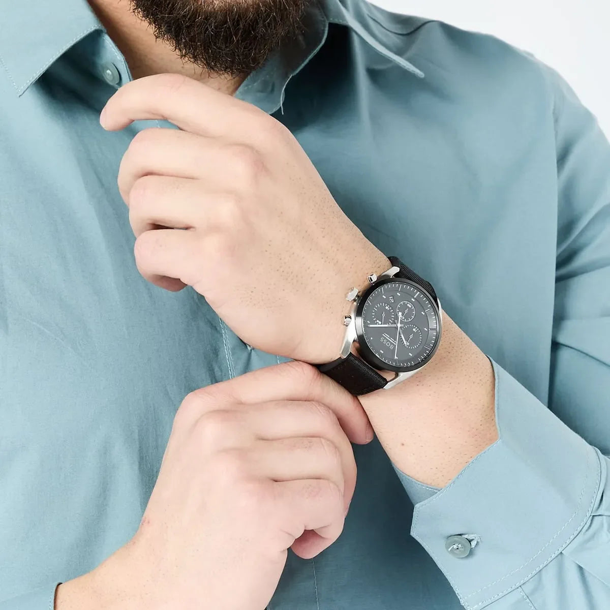 Hugo Boss Sport Lux chronograph watch worn on wrist with black silicone strap