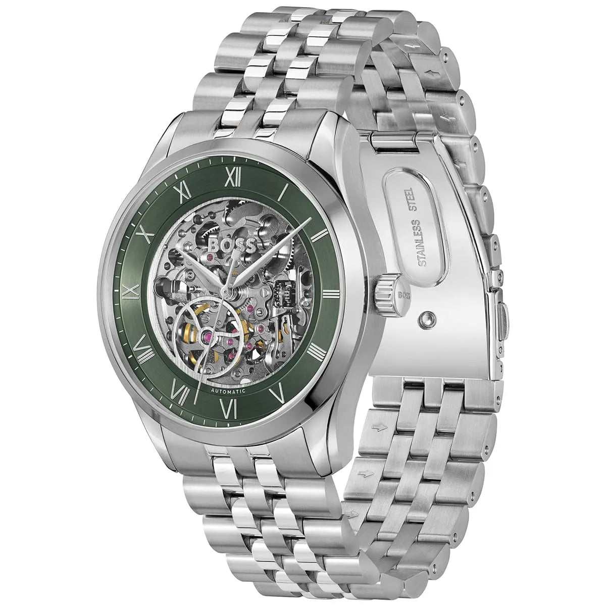 Hugo Boss 1514236 skeleton watch with green dial displayed at angle with stainless steel strap