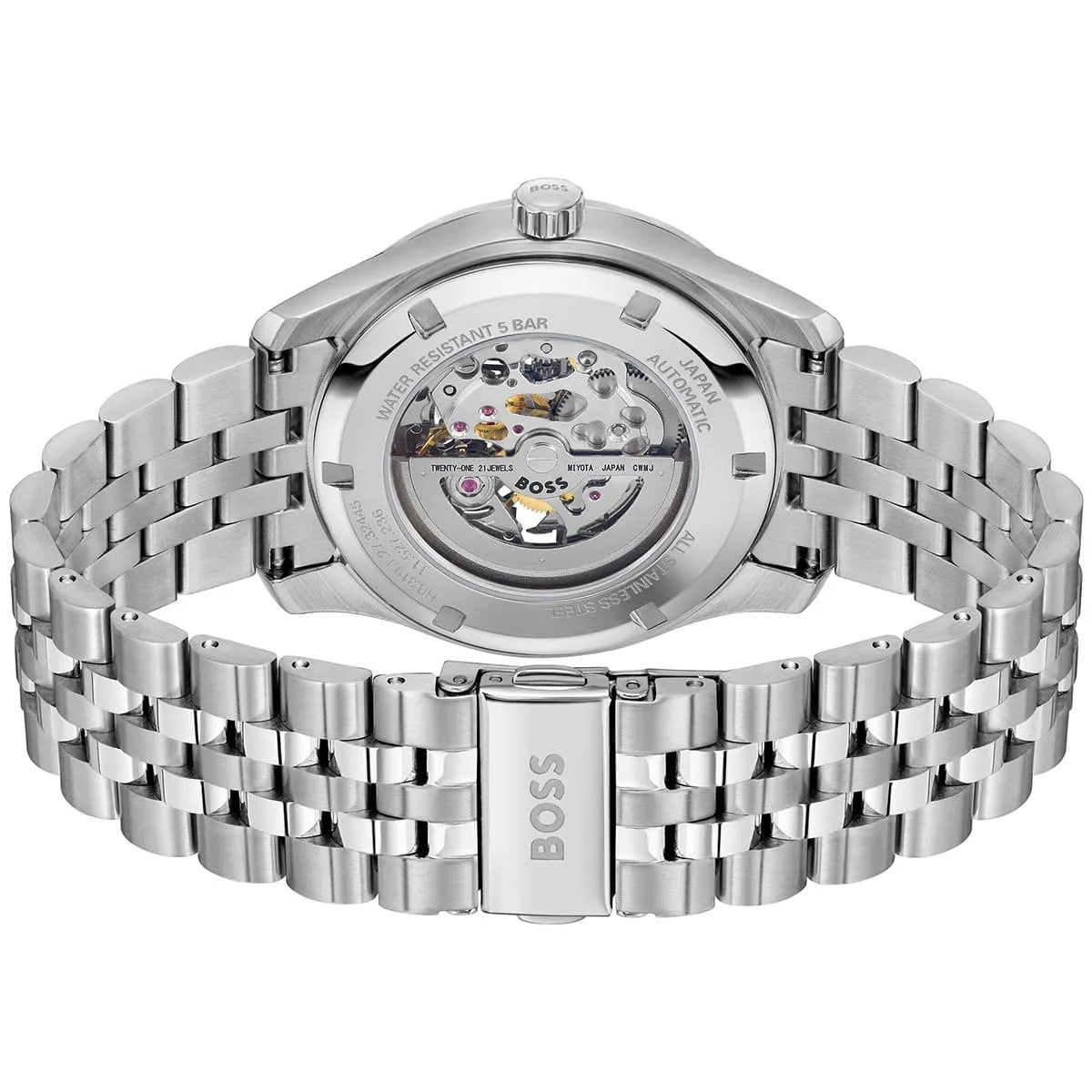 Hugo Boss 1514236 caseback showing automatic movement and skeleton design