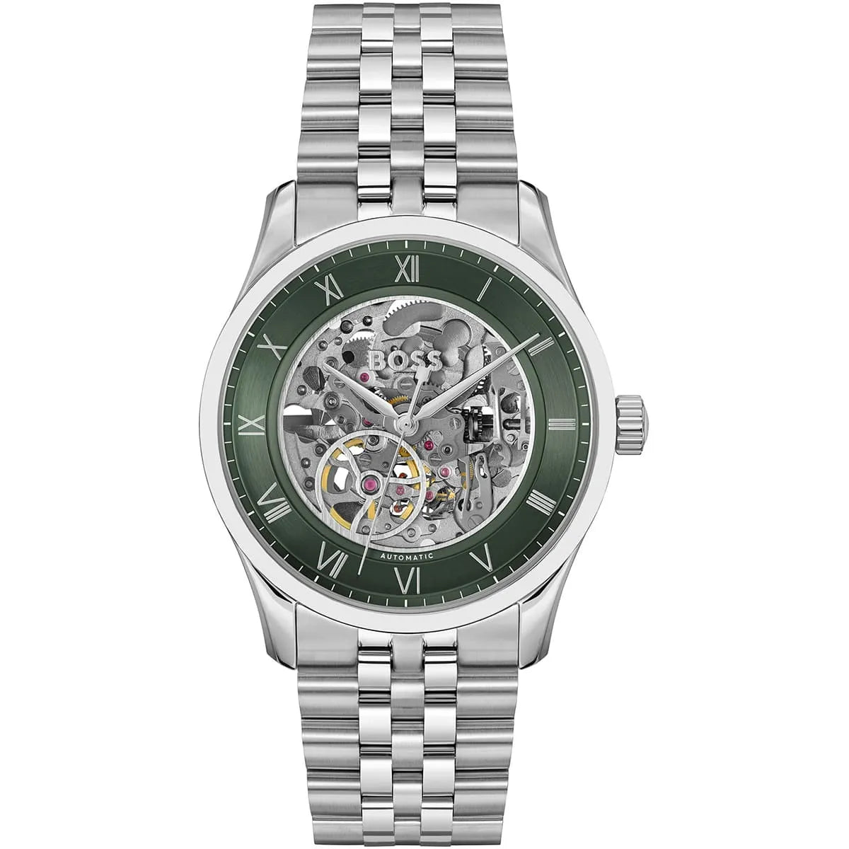 Hugo Boss 1514236 automatic men's watch with green dial and stainless steel bracelet
