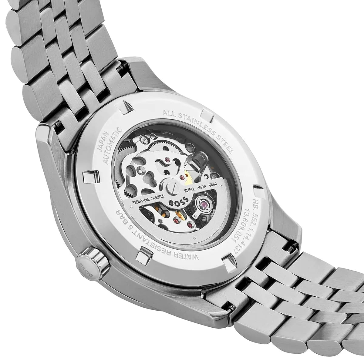Hugo Boss 1514236 skeleton watch caseback detail with mechanical movement visible