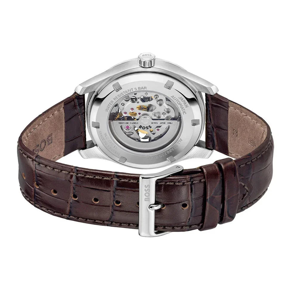 Hugo Boss skeleton watch caseback displaying transparent automatic movement and mechanism