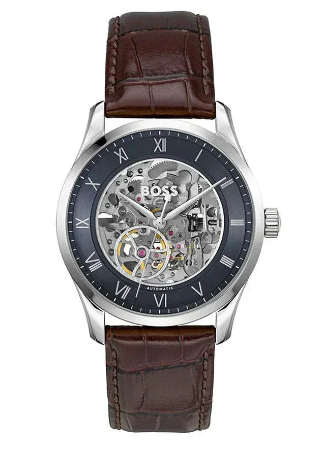 Hugo Boss Automatique skeleton men's watch with navy dial and brown leather strap