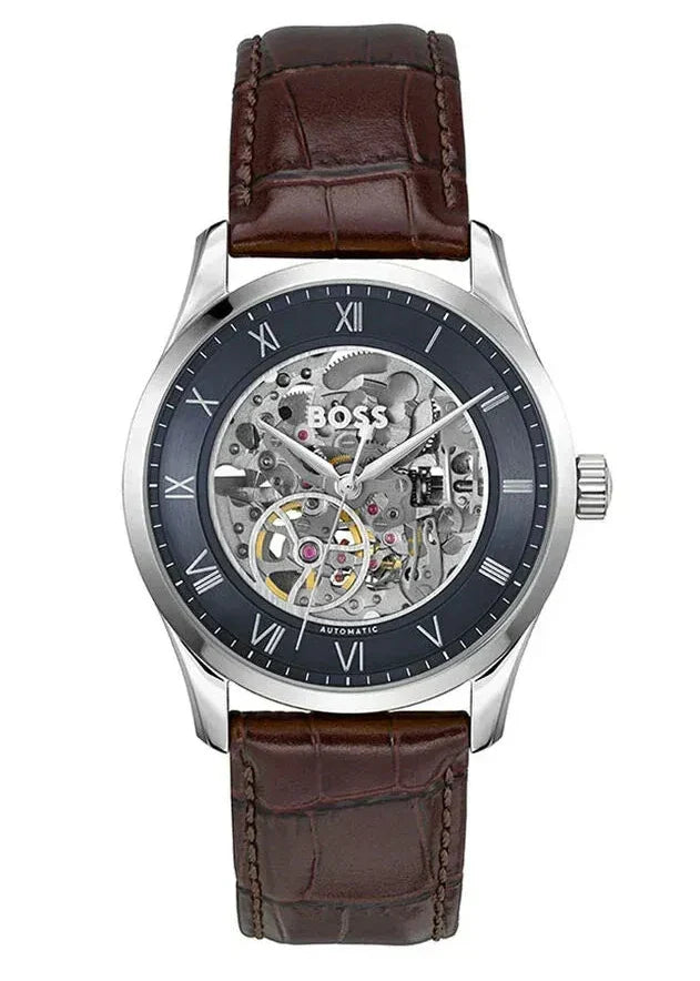 Hugo Boss Automatique skeleton men's watch with navy dial and brown leather strap