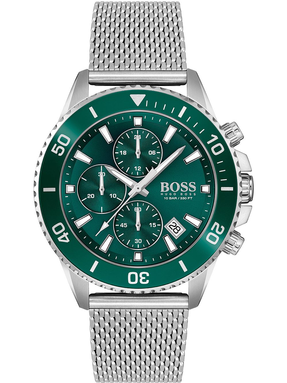 Hugo Boss Admiral men's watch with green dial, stainless steel mesh bracelet, and chronograph subdials