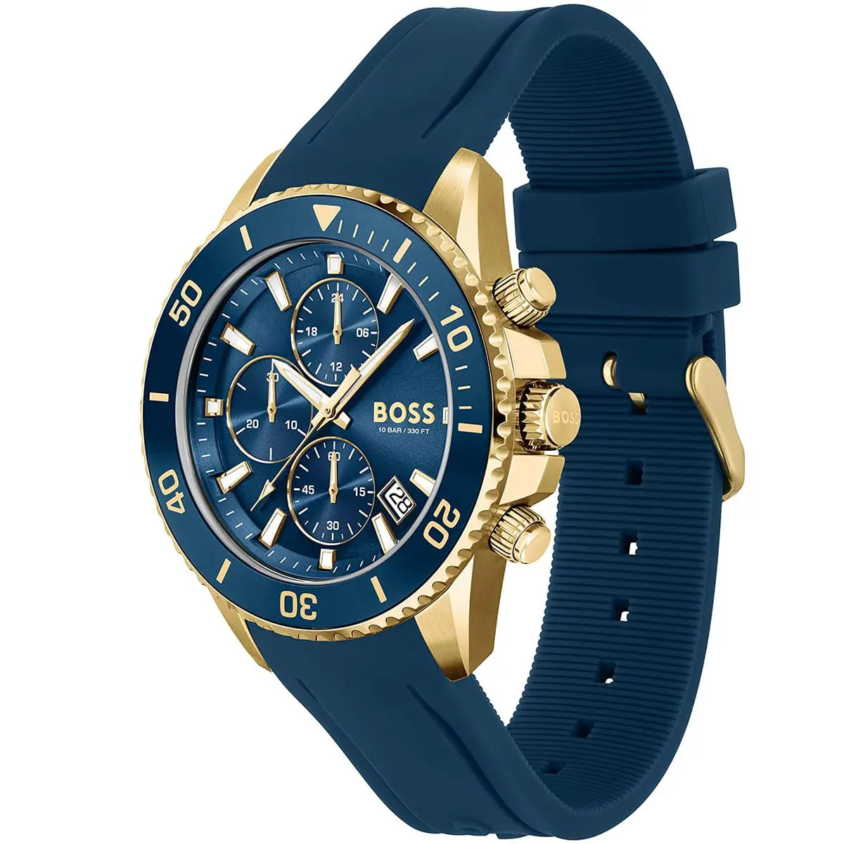 Hugo Boss Admiral chronograph watch with blue silicone strap and gold-tone case at angle