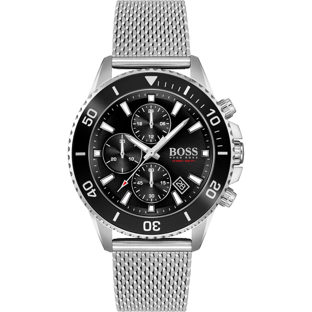 Hugo Boss Admiral chronograph men's watch with black dial and stainless steel mesh strap