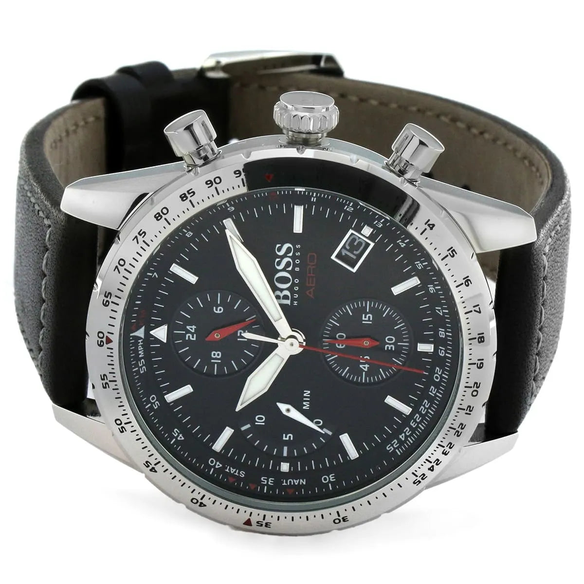 Hugo Boss Aero Chronograph Black Dial Black Leather Strap Watch for Men - 1513770