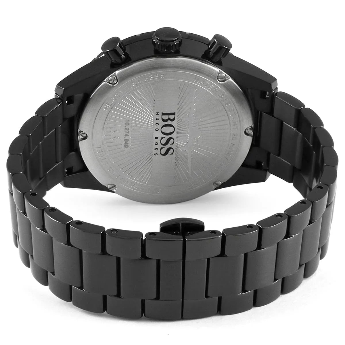 Hugo Boss Aero caseback detail with black steel strap and folding clasp