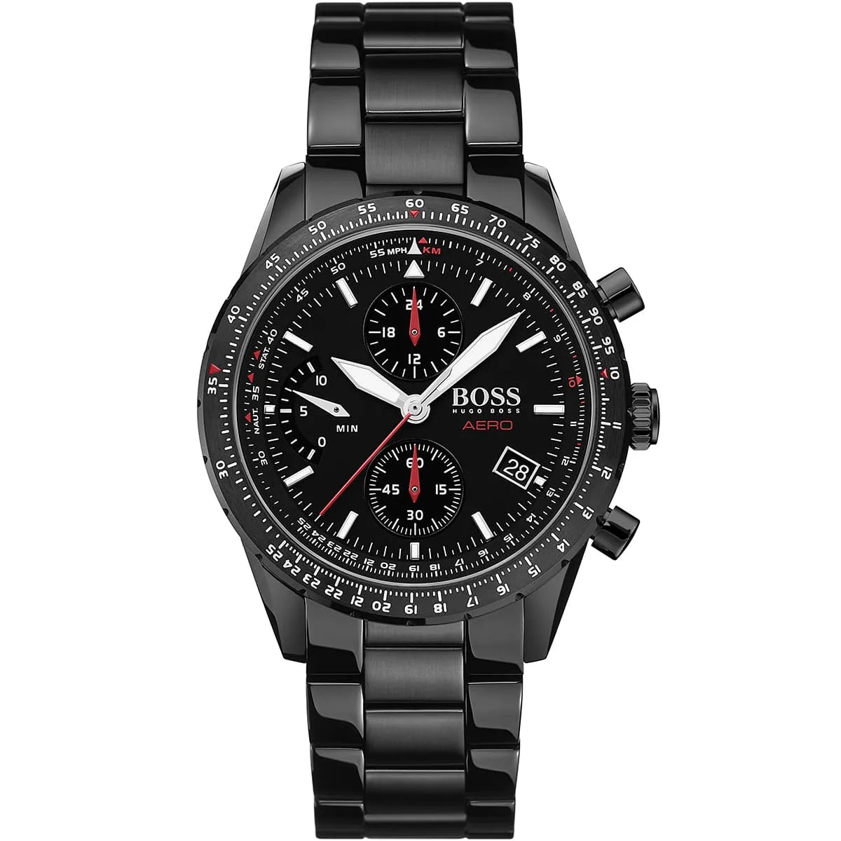 Hugo Boss Aero men's chronograph with black dial, tachymeter bezel, and steel strap
