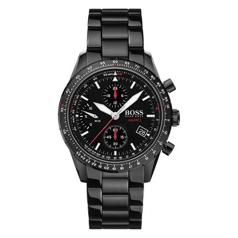 Hugo Boss Aero chronograph watch with black dial and black steel bracelet