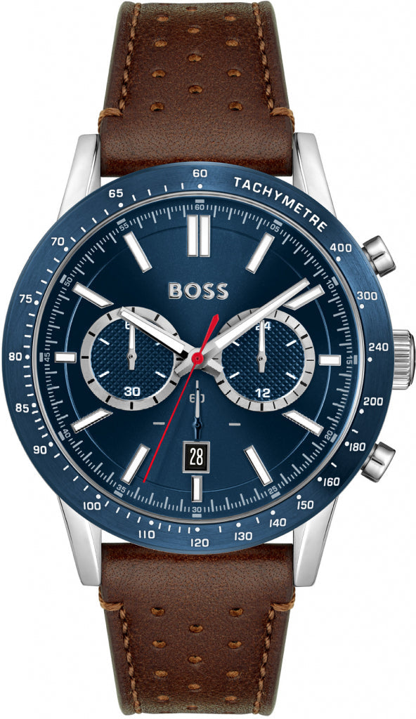 Hugo Boss Allure chronograph watch with navy blue dial and brown leather strap