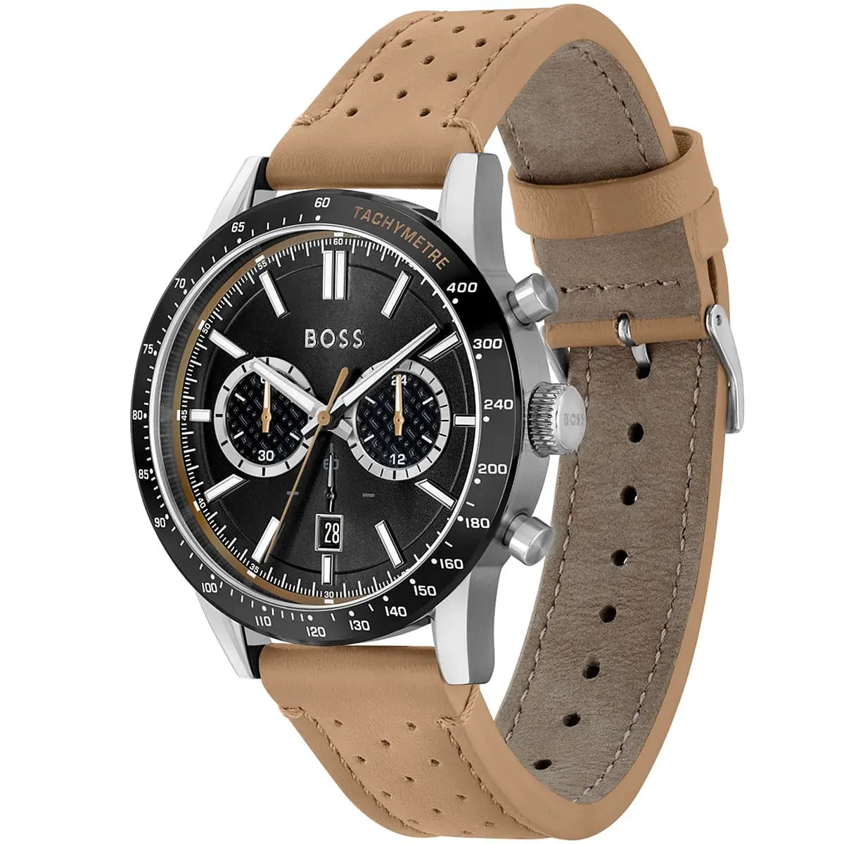 Hugo Boss Allure chronograph watch showing case and leather strap side view