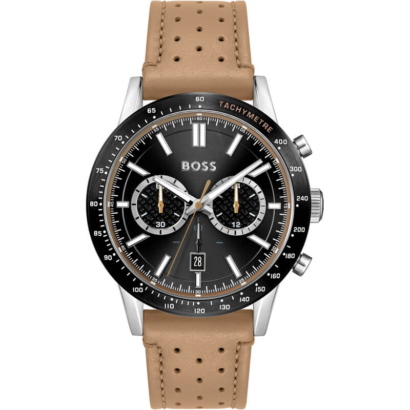 Hugo Boss Allure chronograph watch with black dial and beige leather strap