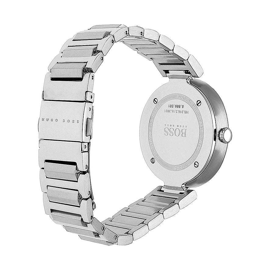 Hugo Boss Allusion silver women's watch shown from side angle with bracelet detail