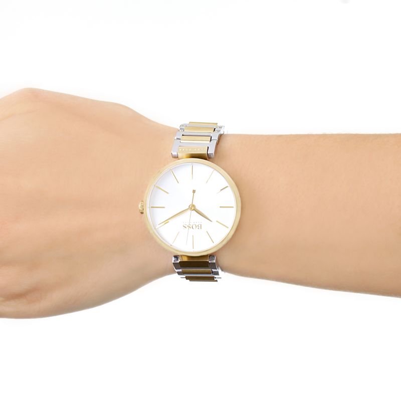 Hugo Boss Allusion ladies watch worn on wrist with silver dial visible