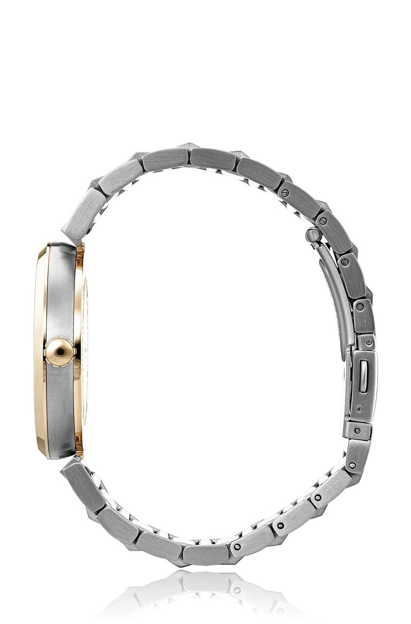 Hugo Boss Allusion watch side view showing two-tone stainless steel band