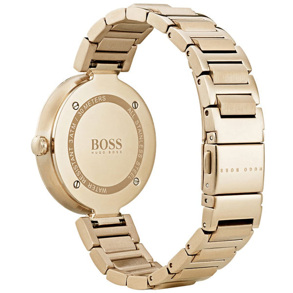 Side view of Hugo Boss Allusion watch showing gold case back and link bracelet details