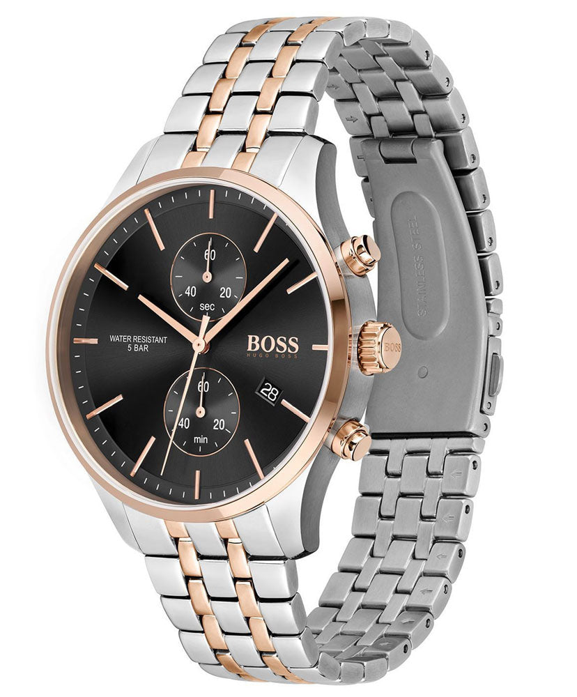 Hugo Boss Associate watch shown from angle with front and caseback visible, two-tone bracelet detail