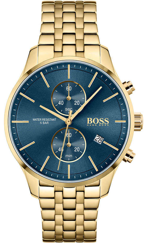 Hugo Boss Associate gold chronograph men's watch with blue dial and gold bracelet