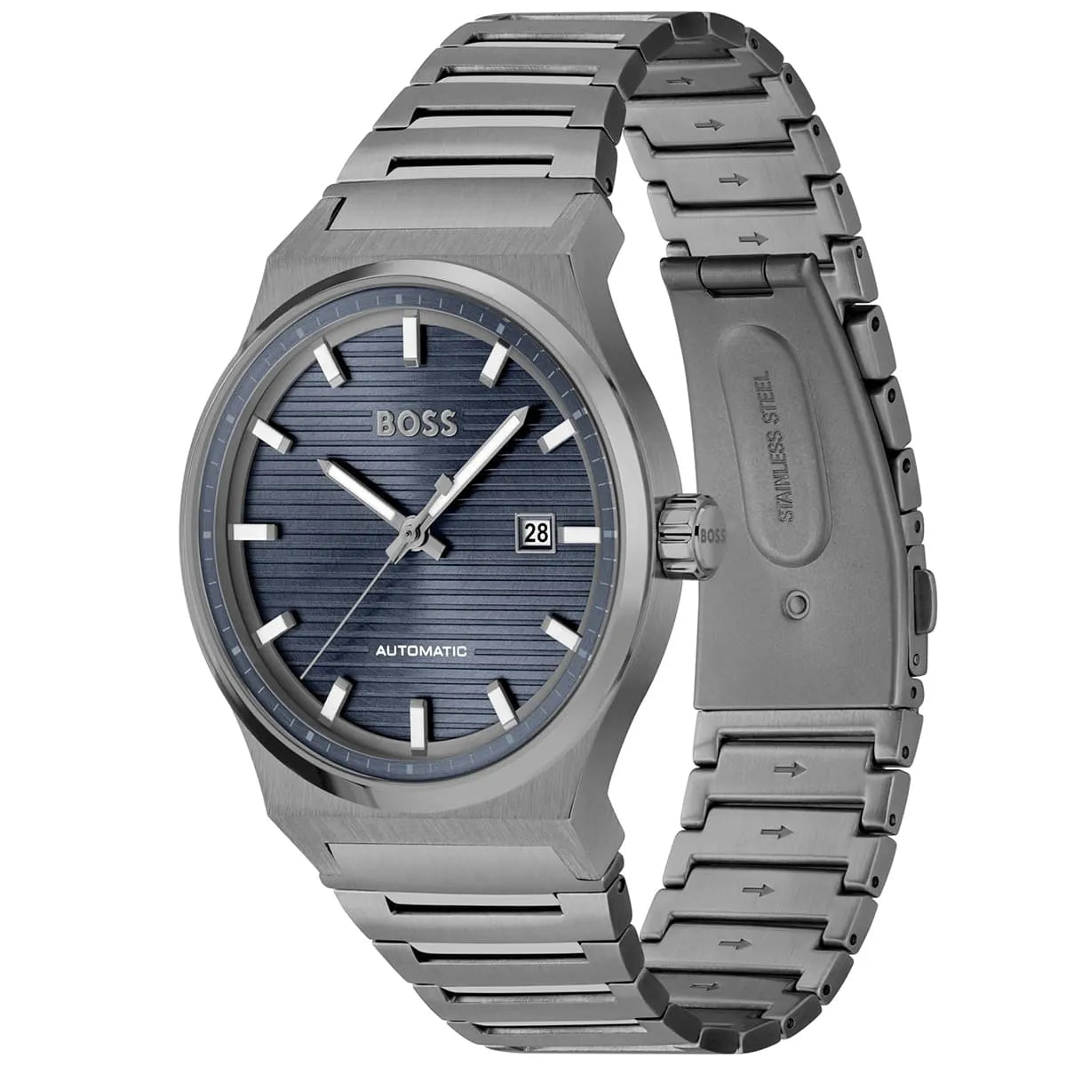 Hugo Boss Candor Auto watch at angle showing blue dial, date window, and gray steel bracelet