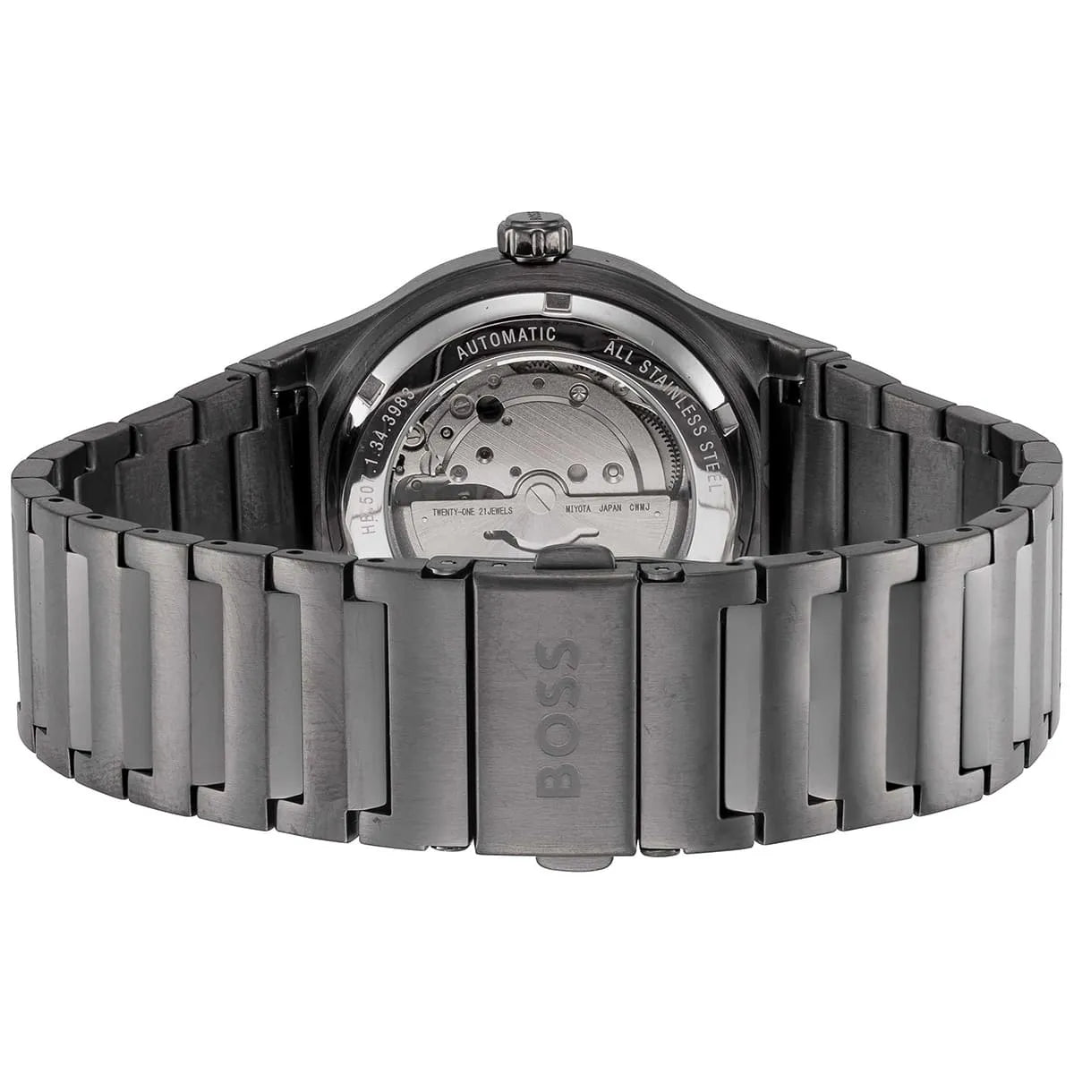 Hugo Boss Candor Auto caseback showing visible automatic movement rotor and mechanism