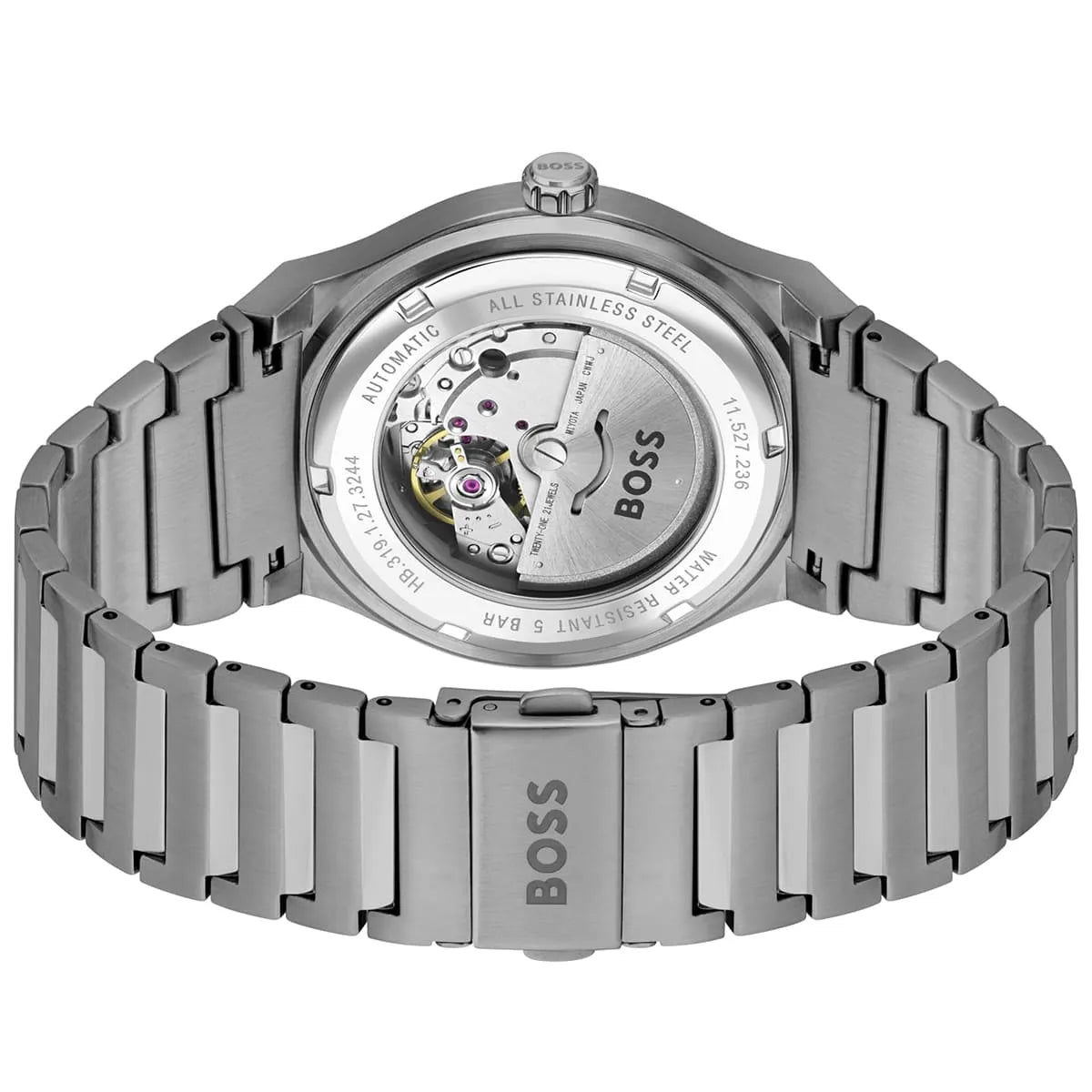 Hugo Boss Candor Auto caseback showing automatic movement mechanism and stainless steel case