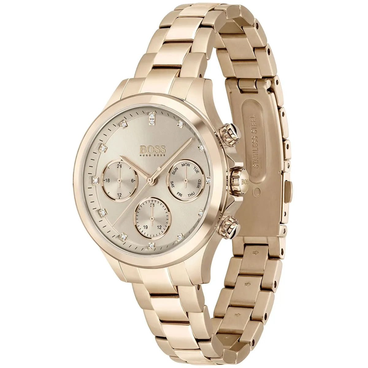 Hugo Boss Carnation chronograph watch side view showing gold steel bracelet and three subdials