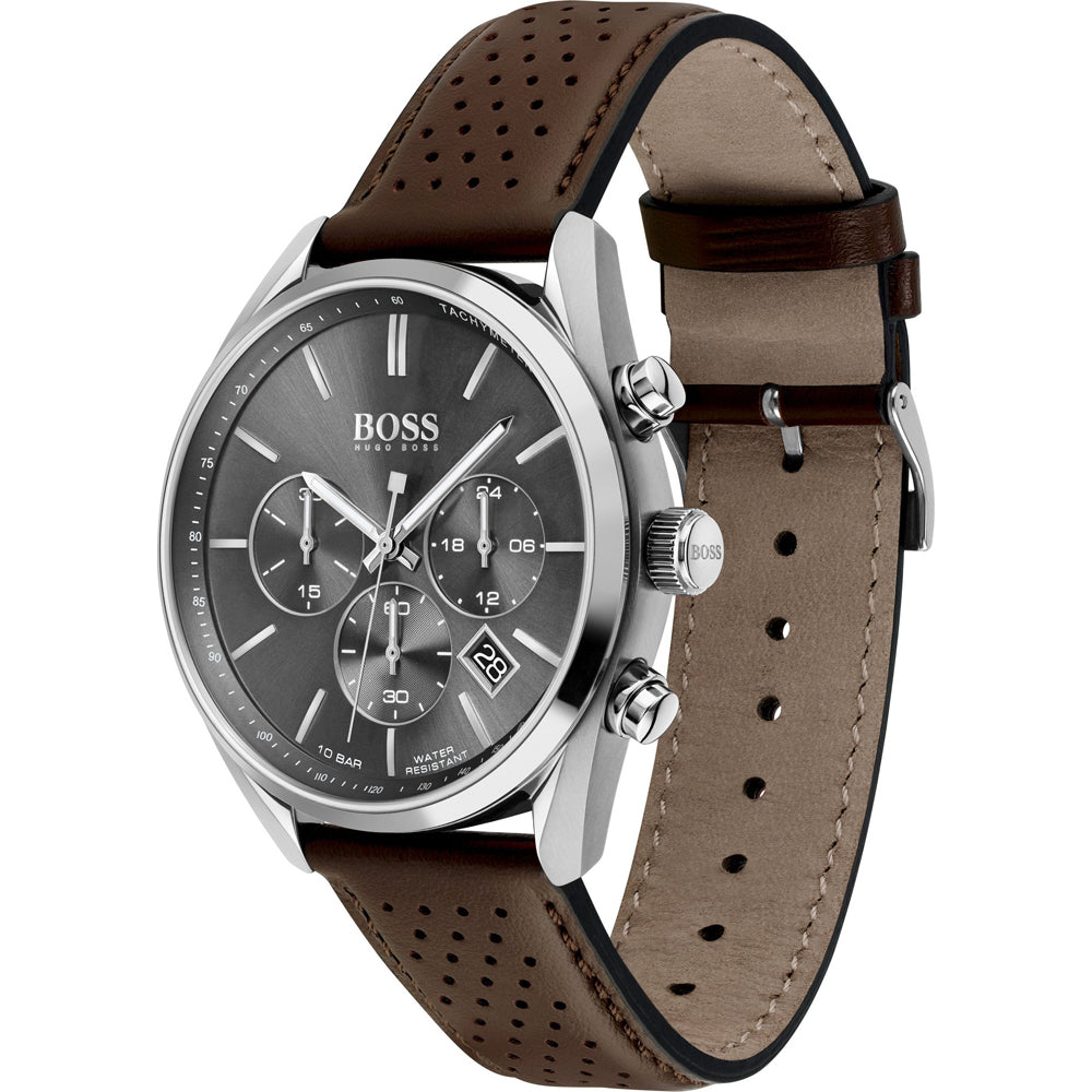 Side angle view of Hugo Boss Champion watch showing silver case and brown leather strap