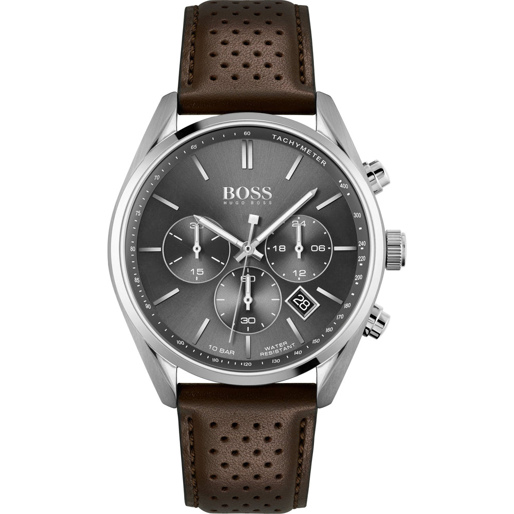 Hugo Boss Champion chronograph watch with charcoal dial and brown perforated leather strap